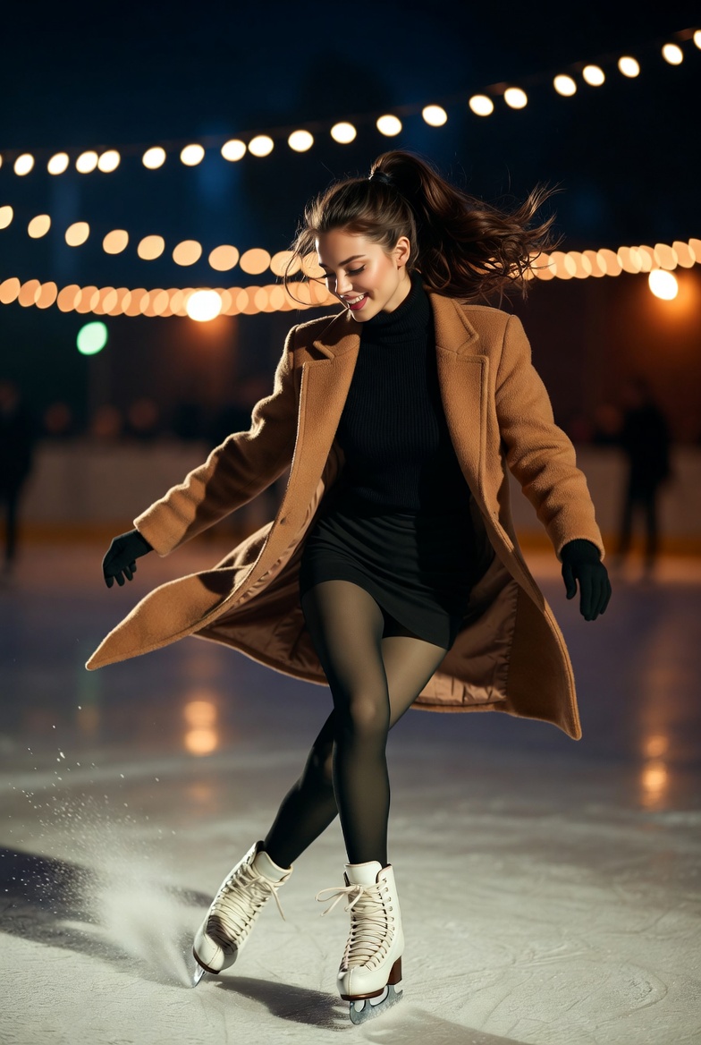 Stunning young woman ice skating mid-spin in a chic winter outfit with white skates, cinematic rink lights, photoreal 8K