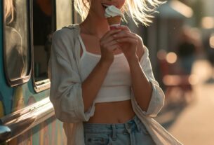 Young European woman leaning on a colorful ice cream truck at golden hour while eating an ice cream cone, wearing denim cut-offs and a white crop top
