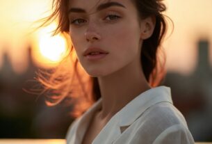 Golden hour balcony portrait of a beautiful young adult woman with warm sunlight and city bokeh