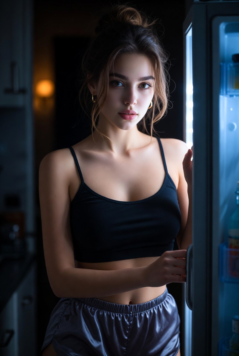 Young European woman opening a refrigerator at night, lit by cool blue fridge light, wearing silk pajama shorts and a crop top in a dark kitchen