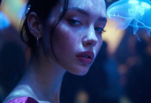 Stunning young woman silhouetted in front of a glowing jellyfish aquarium tank with blue-purple lighting, wearing a velvet mini dress, photoreal 8K