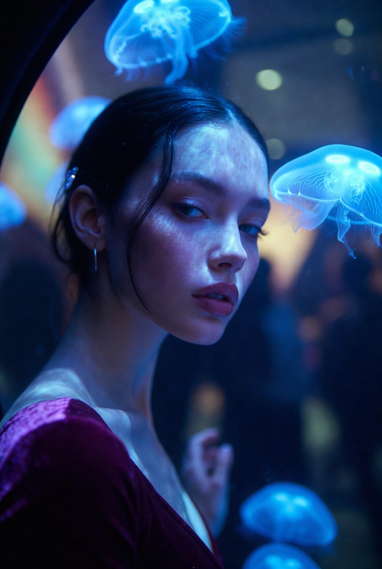 Stunning young woman silhouetted in front of a glowing jellyfish aquarium tank with blue-purple lighting, wearing a velvet mini dress, photoreal 8K