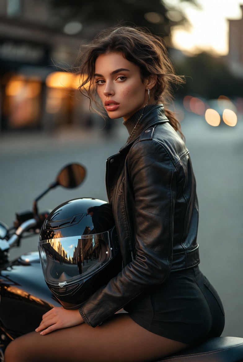 Stunning young woman sitting on the back of a motorcycle holding a helmet, wearing a leather biker jacket at dusk with city lights bokeh, photoreal 8K