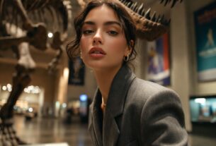 Stunning young woman standing beneath a T-Rex skeleton in a museum dinosaur hall, looking up in awe, modern blazer dress, photoreal 8K