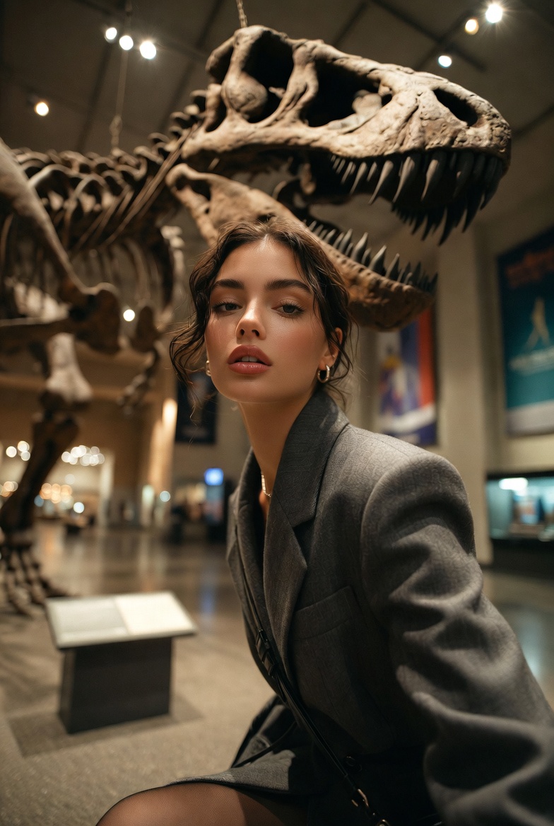 Stunning young woman standing beneath a T-Rex skeleton in a museum dinosaur hall, looking up in awe, modern blazer dress, photoreal 8K