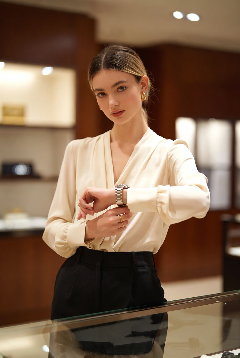Young European woman trying on a luxury watch at a glass counter inside a high-end watch boutique with soft spotlights and blurred background