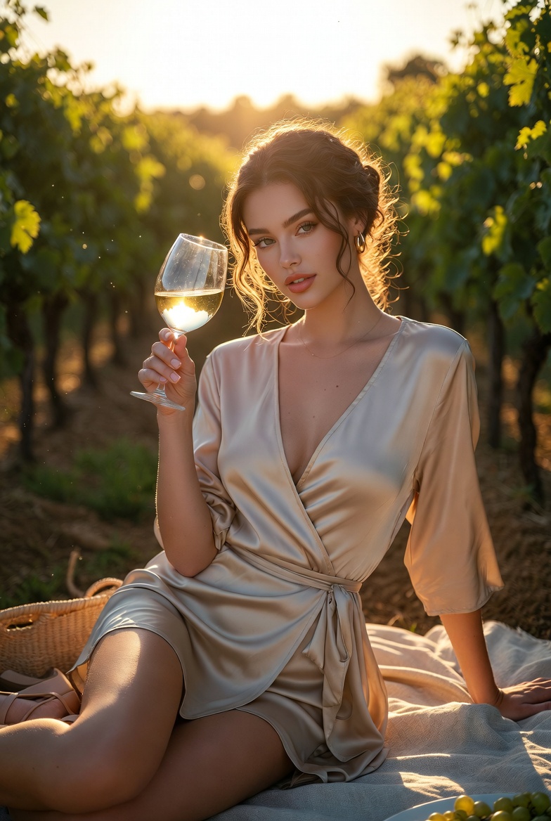 Stunning young woman sitting between vineyard rows holding a wine glass during golden hour, wearing a satin wrap dress, photoreal 8K