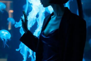 Young European woman silhouetted in front of a glowing blue jellyfish aquarium tank wearing a satin slip dress and blazer