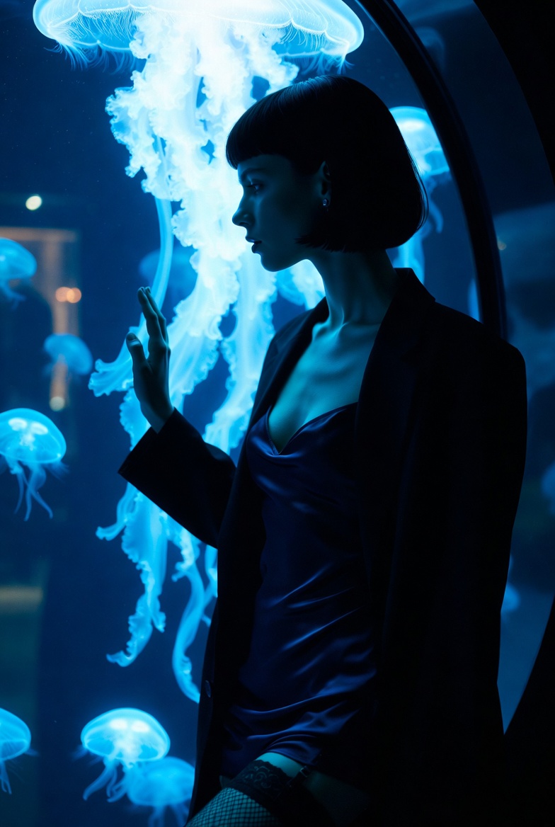 Young European woman silhouetted in front of a glowing blue jellyfish aquarium tank wearing a satin slip dress and blazer