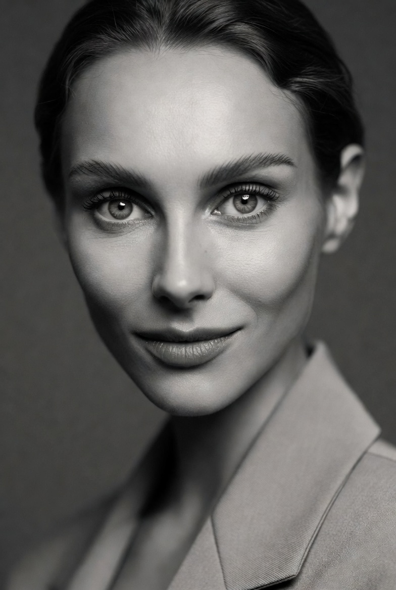 Monochrome editorial studio portrait of a beautiful young adult woman with fine film grain and soft contrast