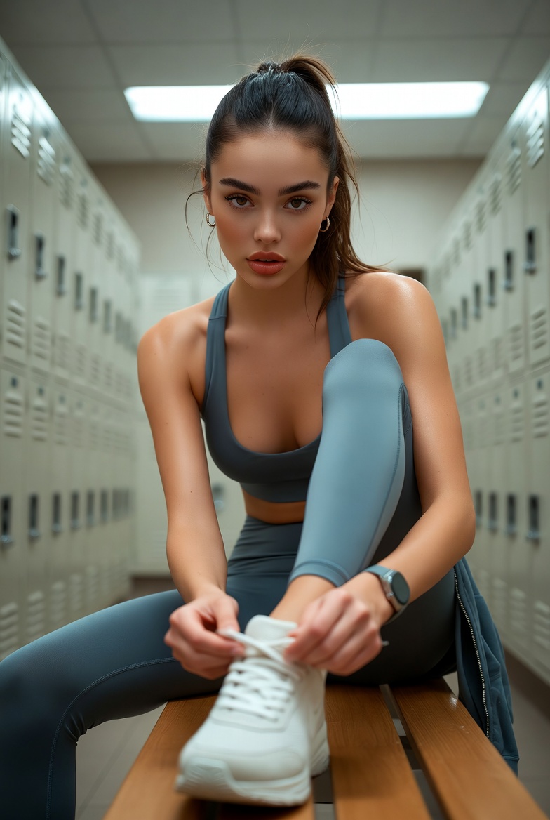 Stunning young woman sitting on a locker room bench tying her sneakers, wearing a matching sports bra and leggings set, photoreal 8K