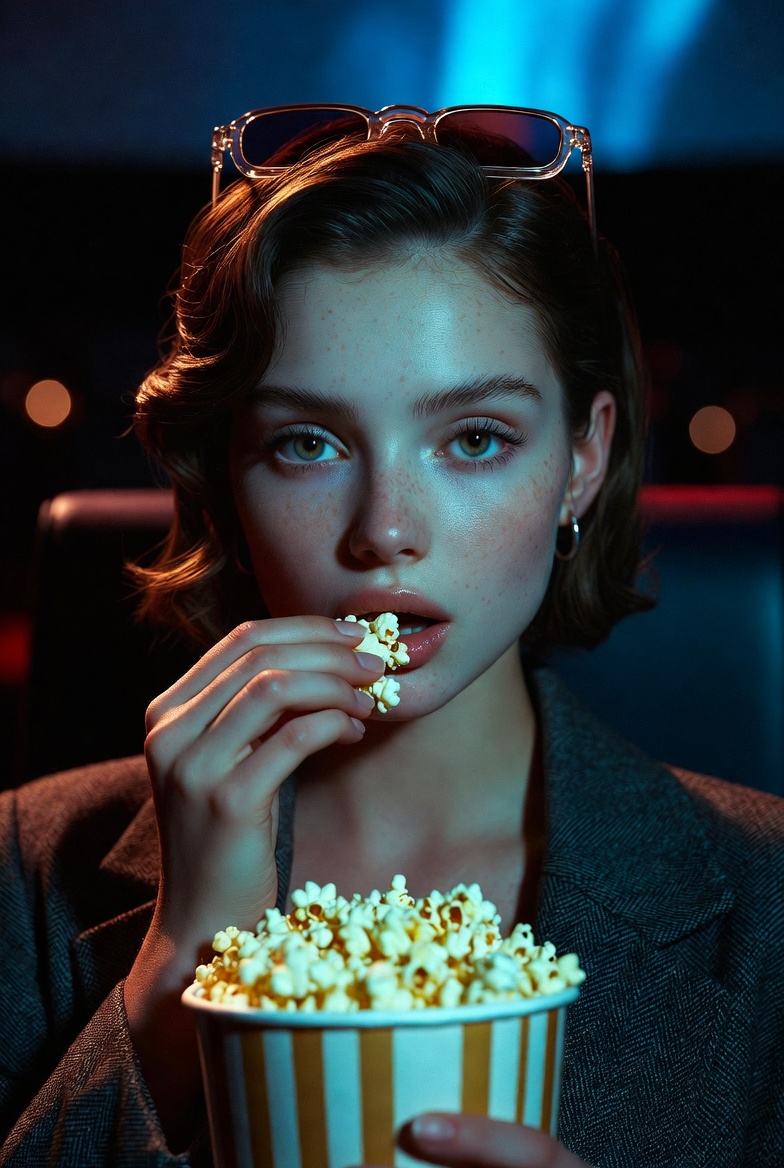 Young European woman eating popcorn in a dark movie theater with her face illuminated by cool blue screen light and 3D glasses resting on her head