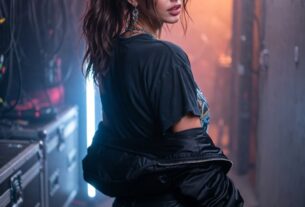 Stunning young woman backstage at a rock concert wearing leather pants and a vintage band tee, looking over her shoulder under stage spill light, photoreal 8K