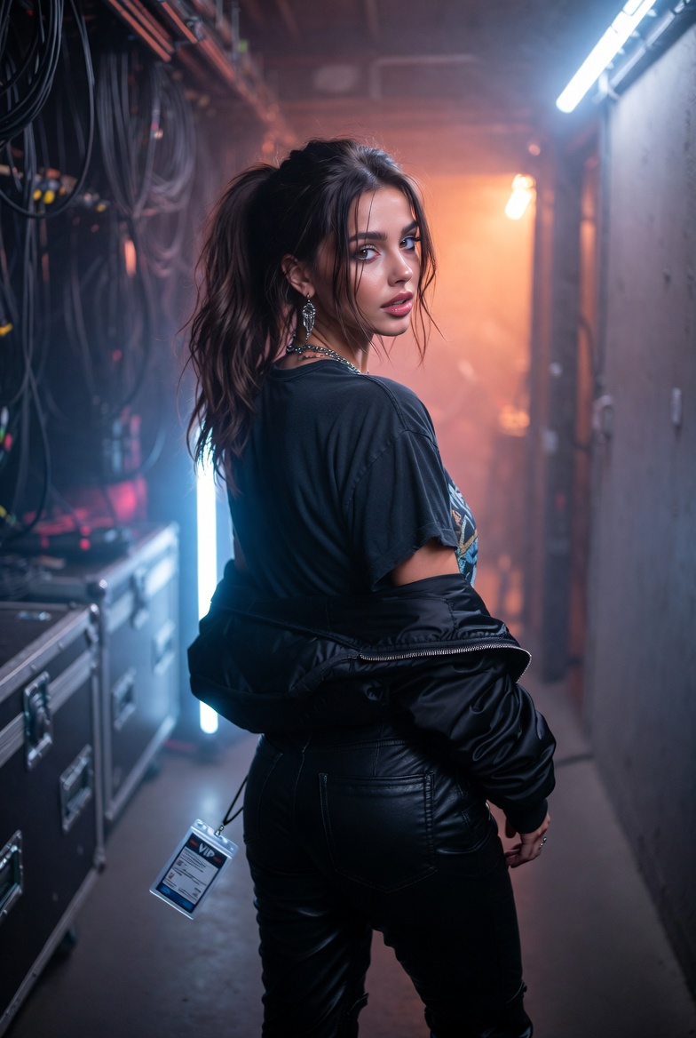 Stunning young woman backstage at a rock concert wearing leather pants and a vintage band tee, looking over her shoulder under stage spill light, photoreal 8K