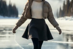 Stunning young woman ice skating on a natural frozen lake with alpine mountains in the background, wearing a winter skirt outfit, photoreal 8K