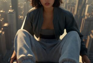 Young European woman sitting on a skyscraper rooftop edge with legs dangling over the city at sunset wearing grey sweatpants and sneakers