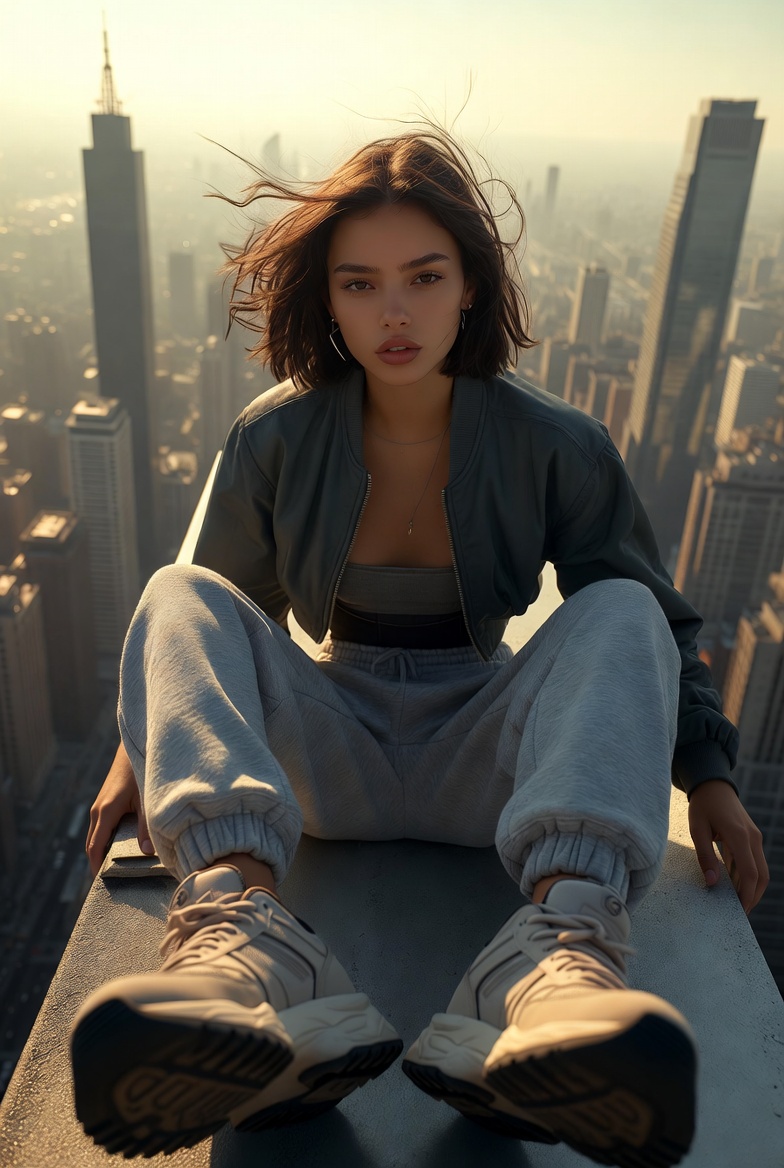 Young European woman sitting on a skyscraper rooftop edge with legs dangling over the city at sunset wearing grey sweatpants and sneakers