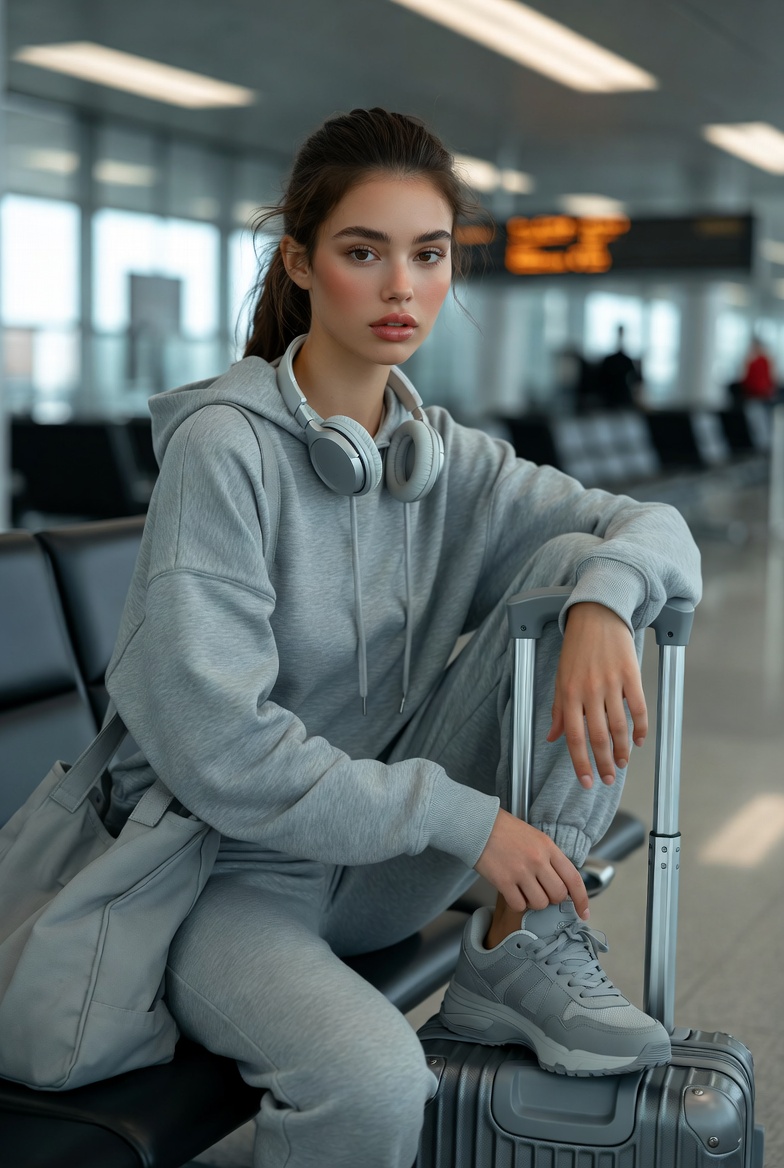 Stunning young woman sitting on a suitcase at an airport departure terminal wearing a grey tracksuit and designer sneakers, cinematic terminal lighting, photoreal 8K