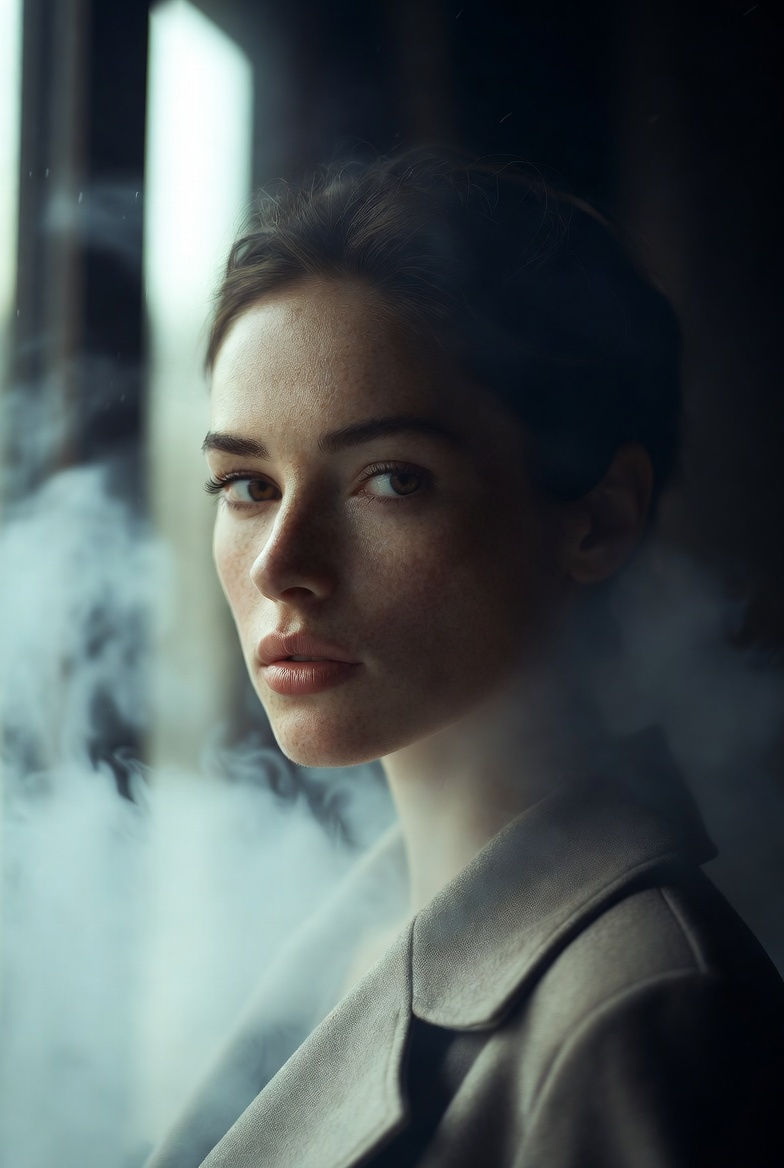 Cinematic portrait of a beautiful young adult woman in volumetric fog with soft light beams