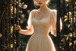 Stunning young woman pushing open an ornate iron garden gate covered in vines and flowers, wearing a fairy-tale dress in dappled sunlight, photoreal 8K