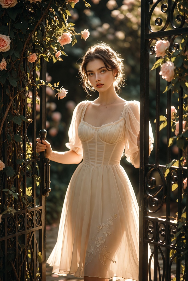 Stunning young woman pushing open an ornate iron garden gate covered in vines and flowers, wearing a fairy-tale dress in dappled sunlight, photoreal 8K