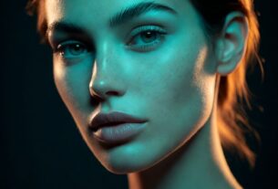 Gel-lit studio portrait of a beautiful young adult woman with teal and amber color contrast