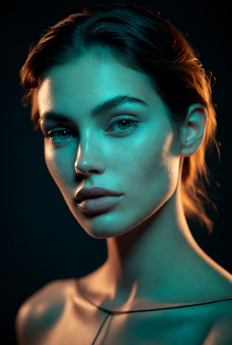 Gel-lit studio portrait of a beautiful young adult woman with teal and amber color contrast