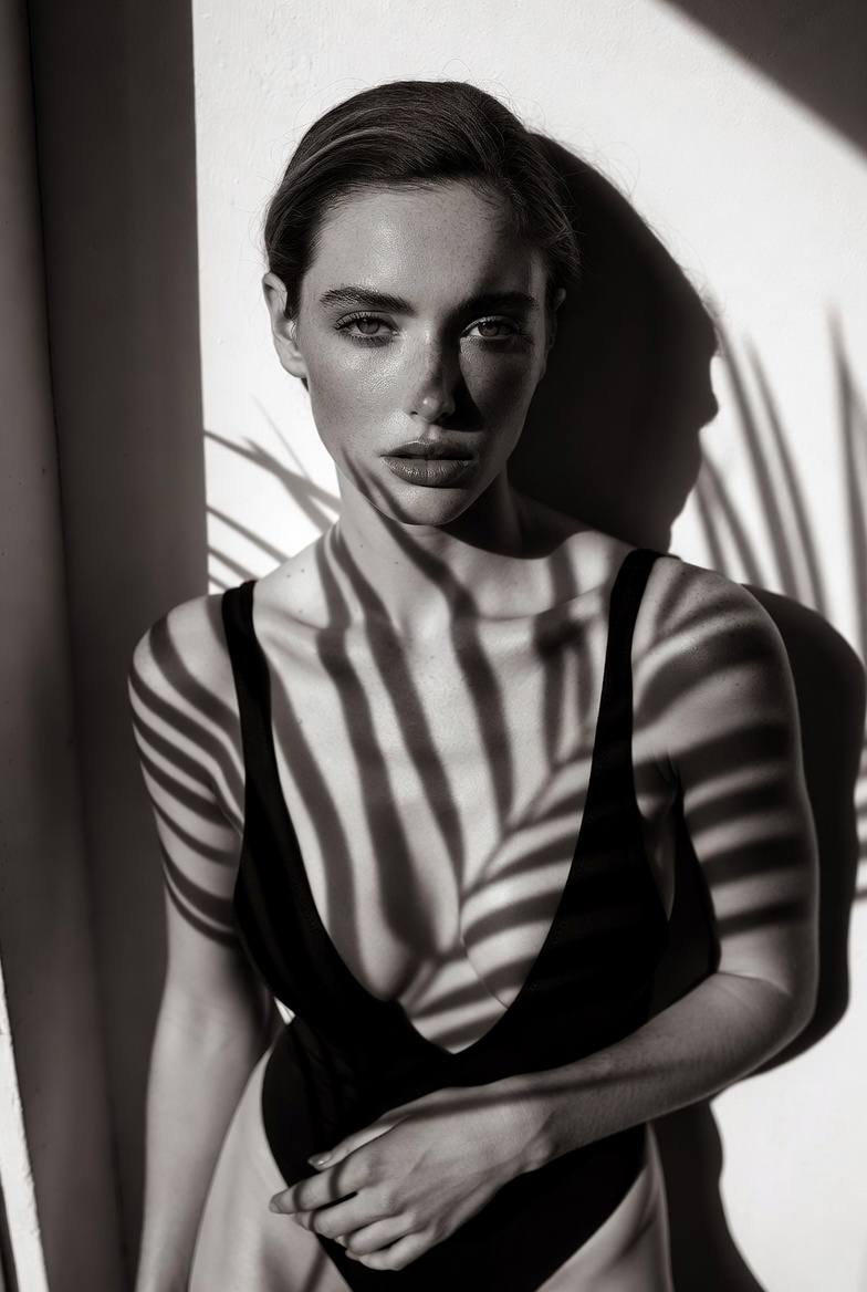Young European woman in a minimalist black swimsuit standing against a white wall with palm-leaf shadows across her face in high-contrast black and white