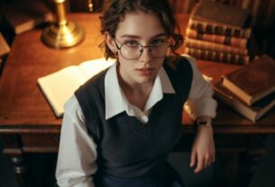 Stunning young woman in an ancient library sitting at a wooden desk under a green lamp, wearing glasses and a sweater vest, photoreal 8K
