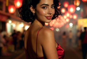 Stunning young woman in a red dress walking through a lantern festival at night with glowing red lanterns and cinematic bokeh, photoreal 8K