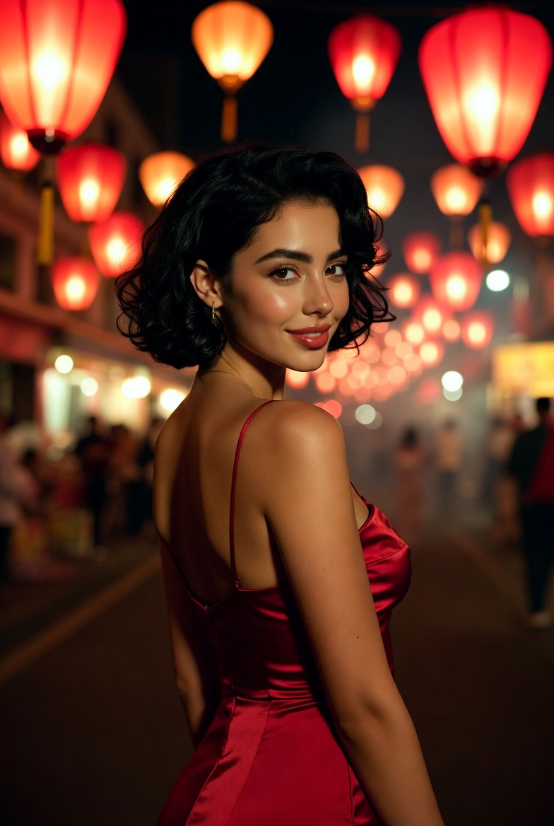 Stunning young woman in a red dress walking through a lantern festival at night with glowing red lanterns and cinematic bokeh, photoreal 8K