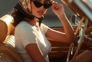 Stunning young woman in a vintage convertible wearing a silk headscarf and cat-eye sunglasses, golden hour reflections inside the car, photoreal 8K