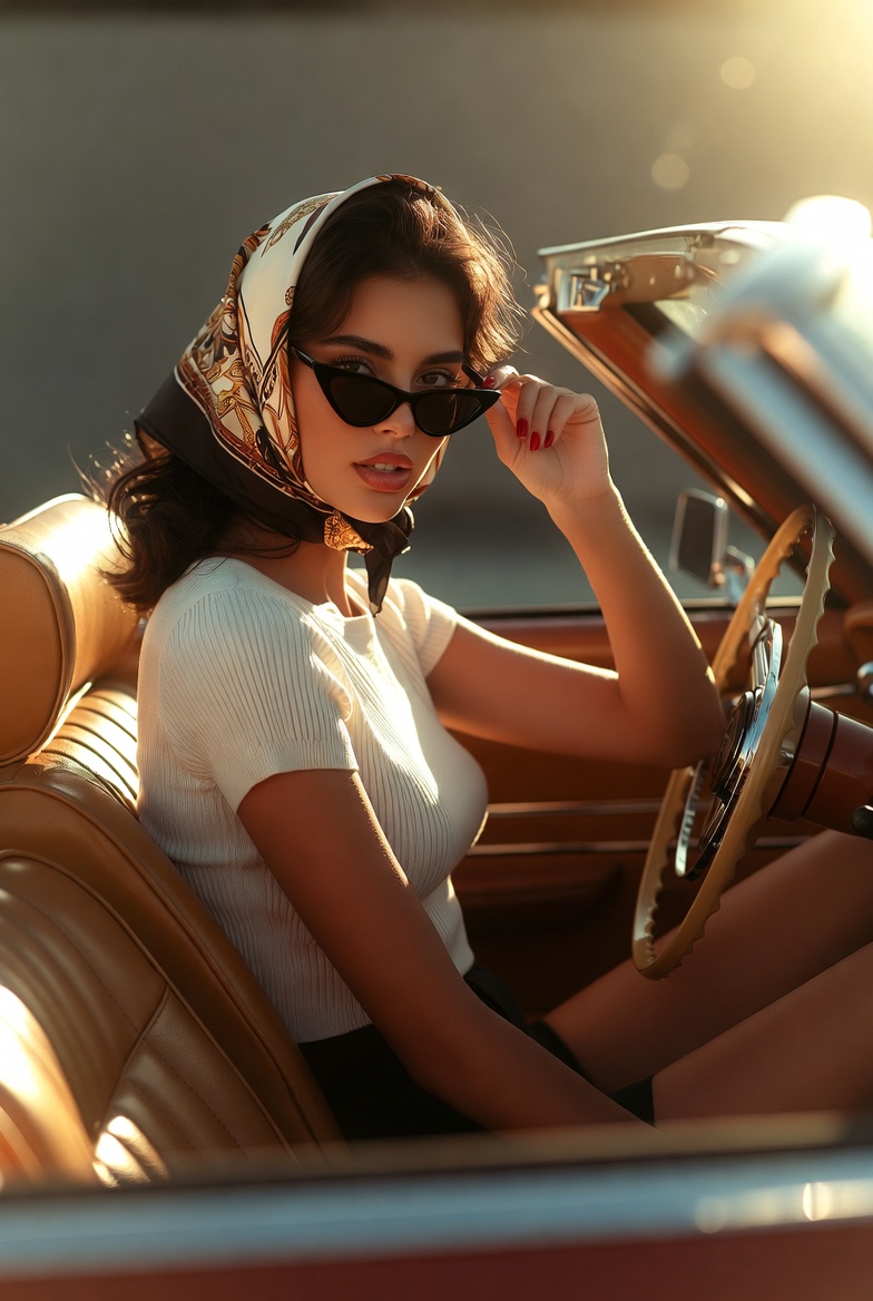 Stunning young woman in a vintage convertible wearing a silk headscarf and cat-eye sunglasses, golden hour reflections inside the car, photoreal 8K