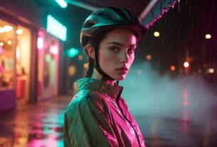 Cinematic street portrait prompt featuring neon rain reflections and moody rim light
