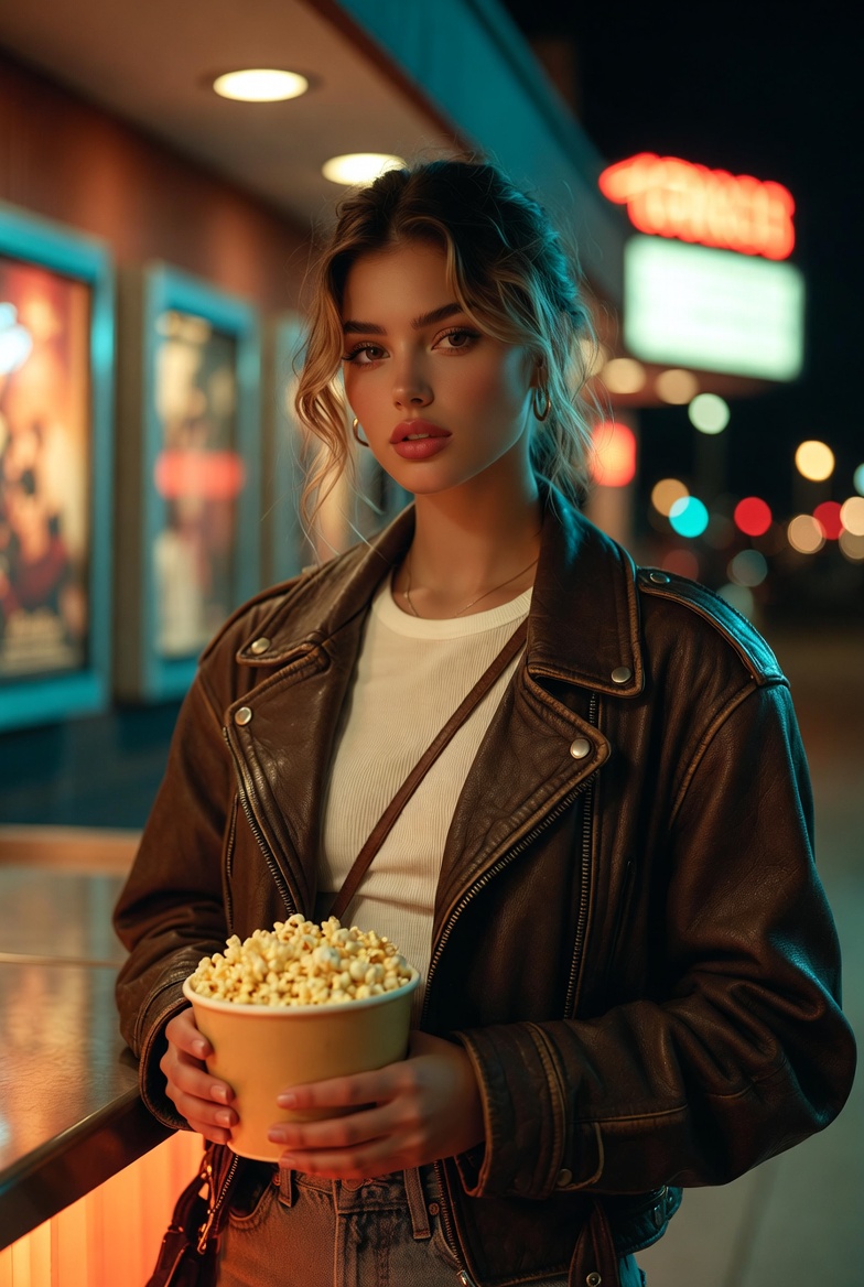Stunning young woman in a neon-lit cinema lobby holding popcorn, wearing a vintage leather jacket and jeans, photoreal 8K cinematic lighting