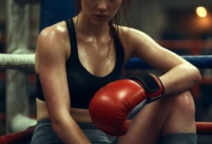 Young European woman resting in the corner of a boxing ring wearing gloves and sporty gear under moody gym lighting