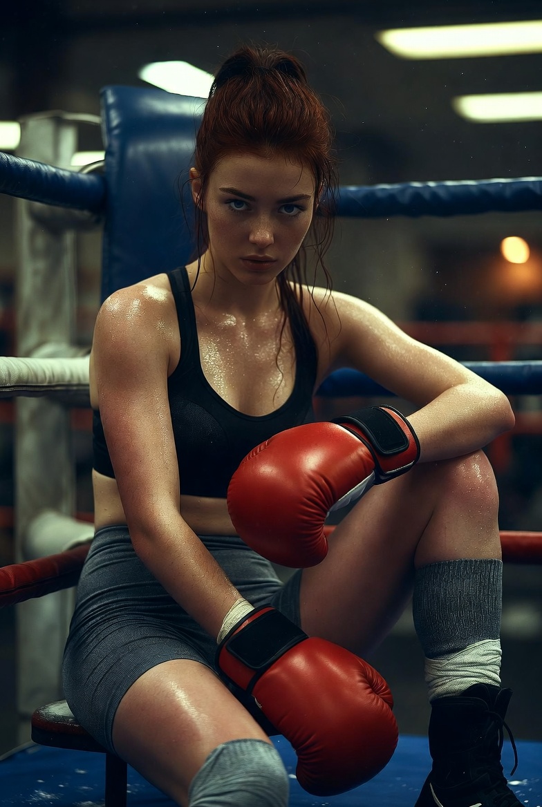 Young European woman resting in the corner of a boxing ring wearing gloves and sporty gear under moody gym lighting