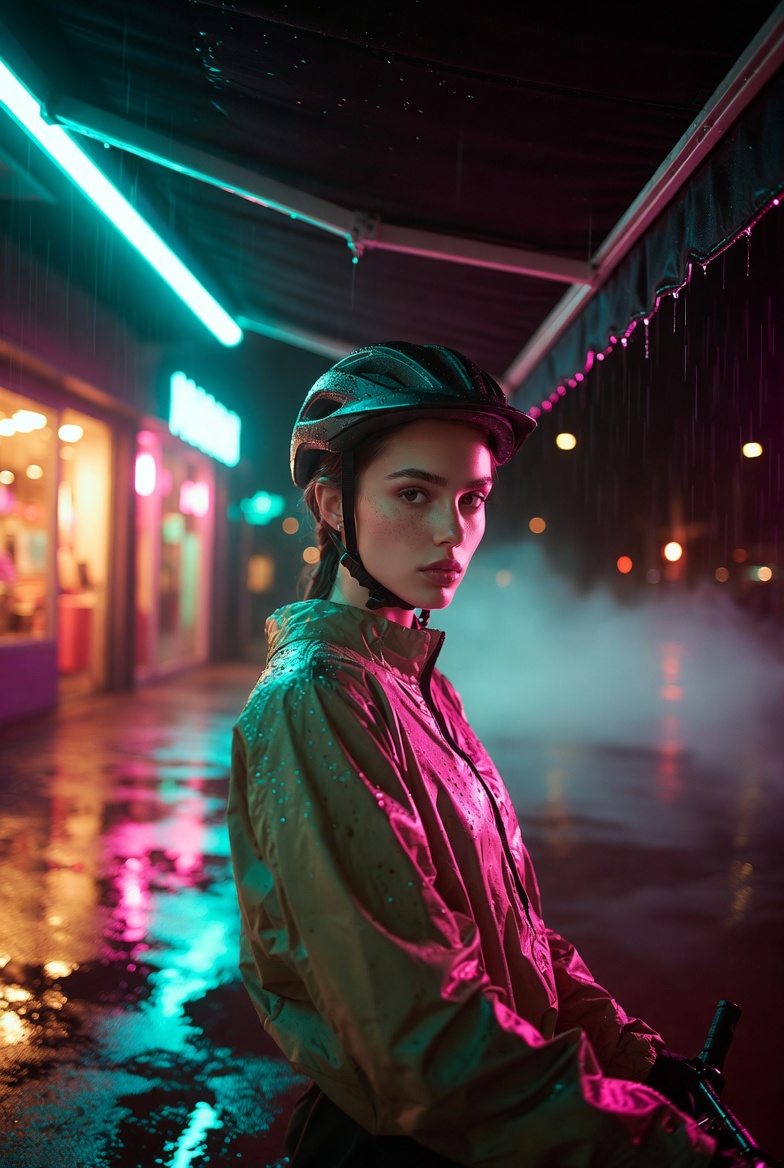Cinematic street portrait prompt featuring neon rain reflections and moody rim light
