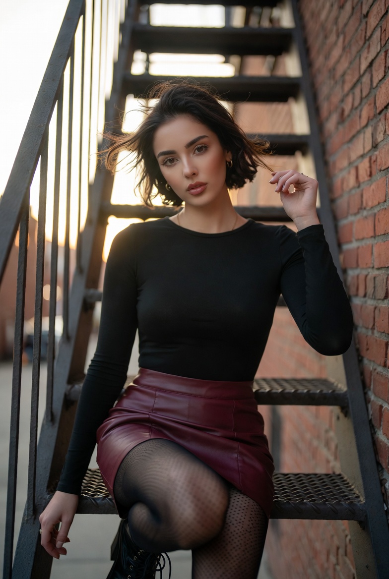 Stunning young woman sitting on a metal fire escape against a brick wall at sunset, wearing a leather mini skirt and patterned sheer tights, photoreal 8K