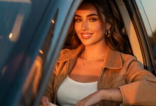 Stunning young woman leaning out of a car window at a drive-thru taking a food bag during golden hour, photoreal 8K cinematic reflections