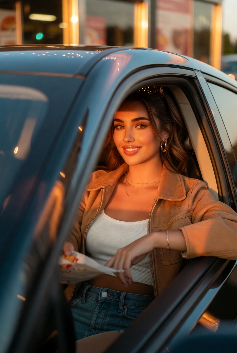 Stunning young woman leaning out of a car window at a drive-thru taking a food bag during golden hour, photoreal 8K cinematic reflections