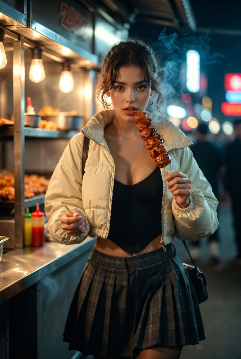 Stunning young woman holding a street food skewer in a bustling night market with steam rising and neon stall lights in the background, photoreal 8K