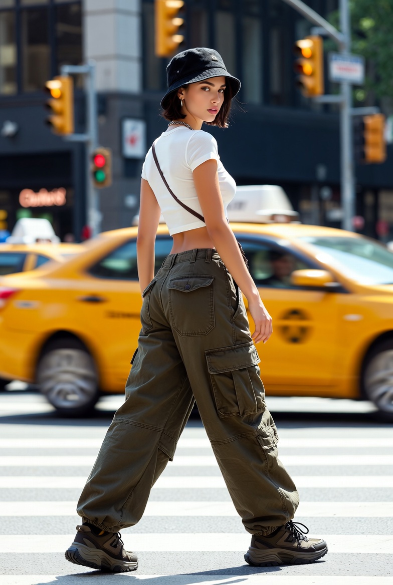 Young European woman walking confidently in a city crosswalk, turning her head back toward the camera with motion-blurred yellow taxis behind her