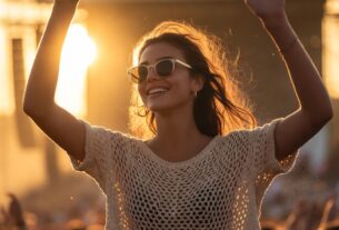 Young European woman sitting on someone’s shoulders at a music festival with hands raised at sunset wearing a crochet top and sunglasses