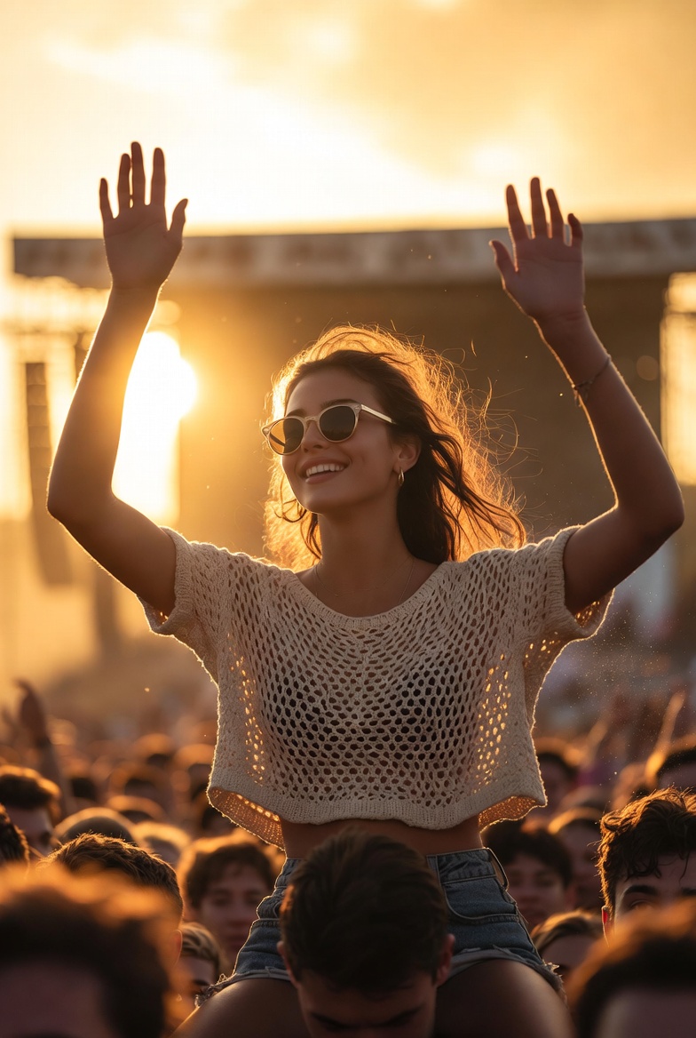 Young European woman sitting on someone’s shoulders at a music festival with hands raised at sunset wearing a crochet top and sunglasses