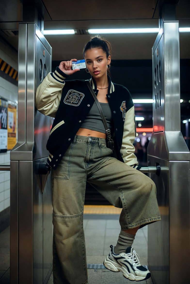 Stunning young woman leaning on a subway turnstile in streetwear with a rebellious vibe, gritty station lighting, photoreal 8K