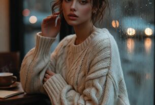 Stunning young woman sitting by a rainy café window with her hand on the glass, wearing a cozy knit sweater, warm interior glow, photoreal 8K