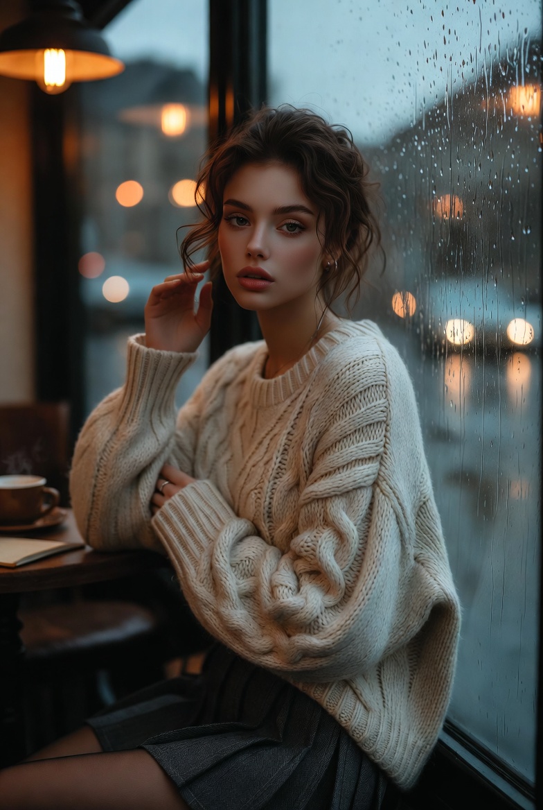 Stunning young woman sitting by a rainy café window with her hand on the glass, wearing a cozy knit sweater, warm interior glow, photoreal 8K