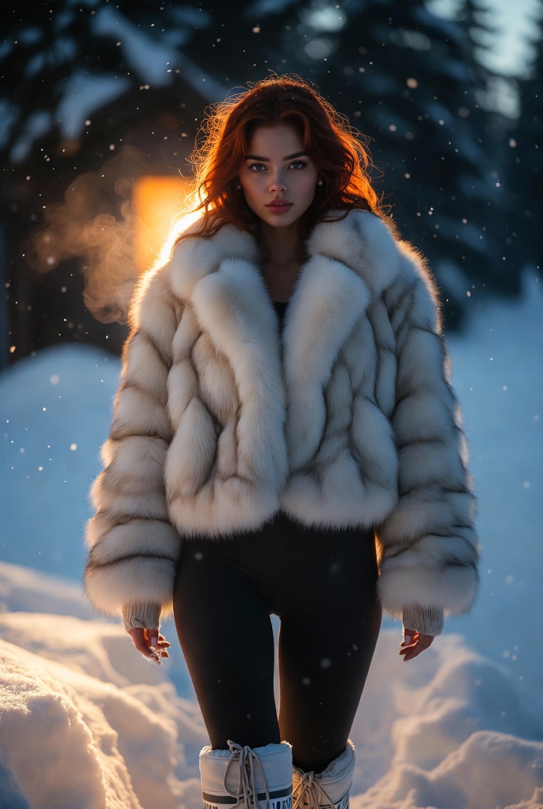 Young European woman standing in falling snow near a glowing ski cabin wearing a white fur coat, black leggings, and moon boots